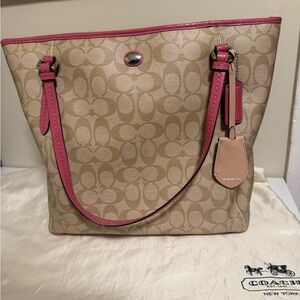 Coach Signature Canvas Tote with Pink Leather Trim